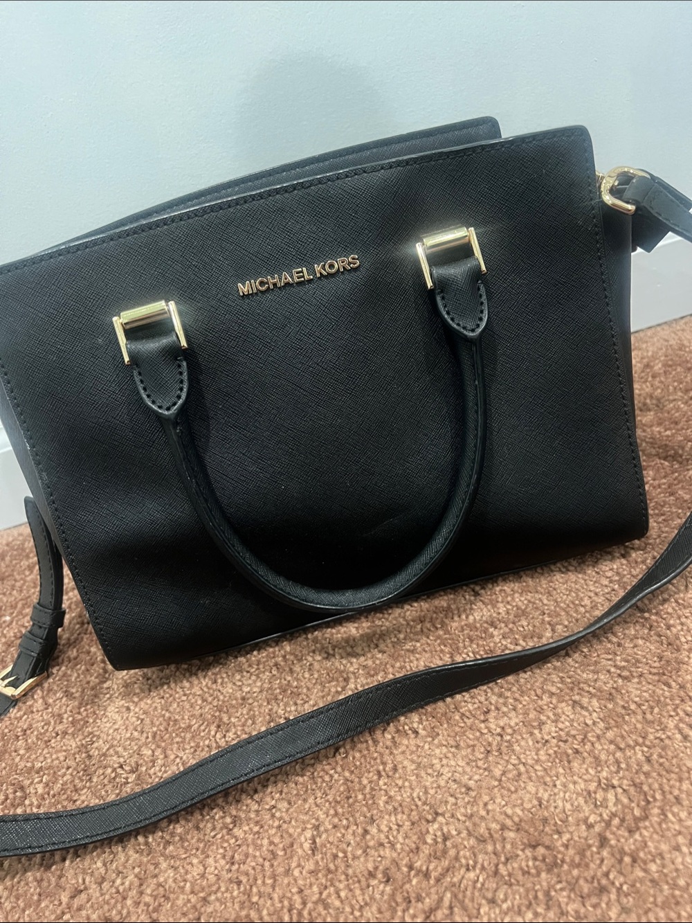 Michael Kors Black Leather Top-Handle Satchel with Gold Hardware